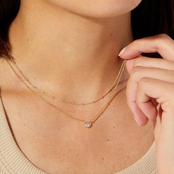 Women's Gold Necklace-14k Gold Plated Solitaire Cubic Zirconia Necklace - Picture 2 of 7